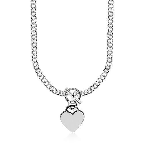 Sterling Silver Rhodium Plated Rolo Chain Necklace with a Heart Toggle Charm, size 16''