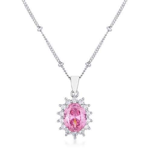 Rhodium Plated Pink Petite Royal Oval Pendant