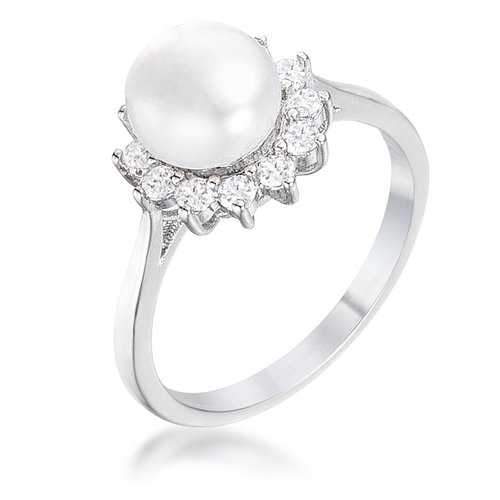 .36Ct Rhodium Plated Freshwater Pearl and CZ Halo Ring