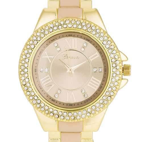 Gold Metal Cuff Watch With Crystals - Beige